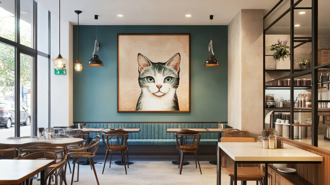 Cat Cafe Interior Design: A charming cafe interior features a large portrait of a sleek cat on the wall, setting a cozy and inviting atmosphere. Tables and chairs are arranged.
