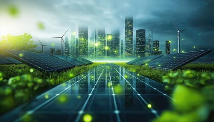 Sustainable Energy Solar Panels and Wind Turbines Powering Cityscape