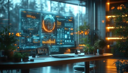Sustainable Tech Analyzing Data on Screen in Modern Office