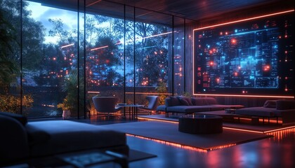 Sustainable Technology Data Display in Modern Living Room at Night