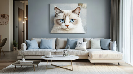 Cat Portrait Interior Design: A captivating portrait of a white cat with piercing blue eyes takes center stage on a stylish grey wall.