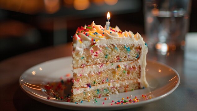 A delicious slice of funfetti cake with a single candle, ready to celebrate!
