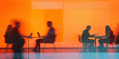Silhouettes of Productivity: A minimalist yet evocative image featuring silhouettes of people working on their laptops, set against a vibrant orange backdrop.