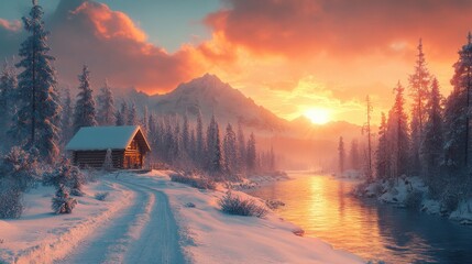 Fototapeta premium Tranquil Winter Hideaway: Cozy Cabin in Snowy Forest