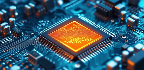 Processor Power: Close-up view of a powerful central processing unit (CPU) glowing intensely on a circuit board, signifying high performance and technological advancement. 