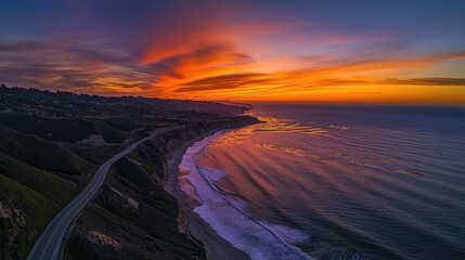 A captivating drone view showcasing a coastal road against the backdrop of a stunning sunset, where the sky is painted in hues of orange and pink, reflecting on the ocean waves below.