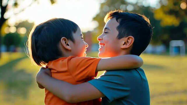 Heartwarming embrace between siblings in golden sunset at a peaceful park. Generative AI