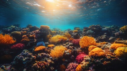 Fototapeta premium Illuminated Underwater Paradise - Colorful 3D Coral Reef Ecosystem with Soft Lighting