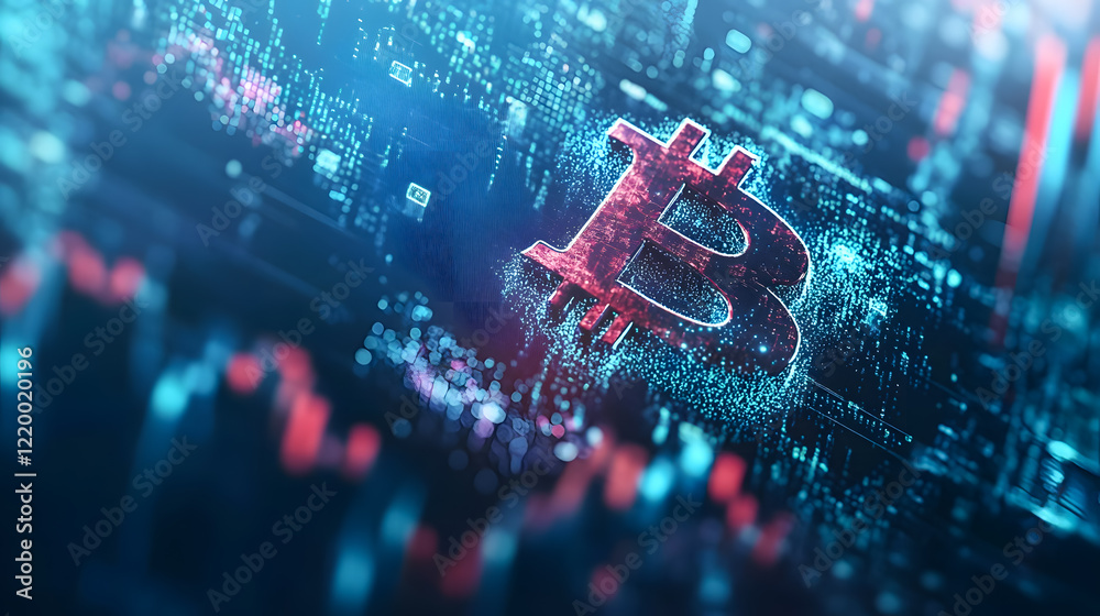 Poster high-tech digital representation of bitcoin with data streams and graphical patterns in blue and red
