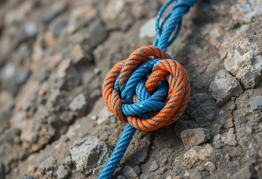 A close-up shot shows a complex knot tied with blue and orange rope resting on a rocky ground.