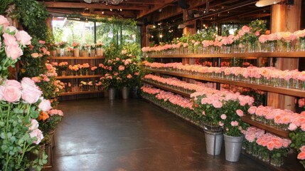 Abundant Peach Roses in Rustic Flower Shop Display