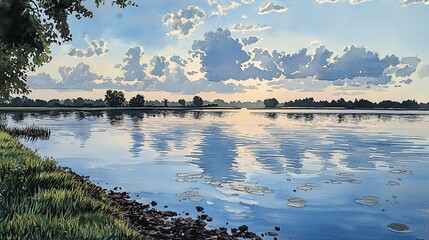 A calm lake represented in watercolor, with cool blues and soft sunlight