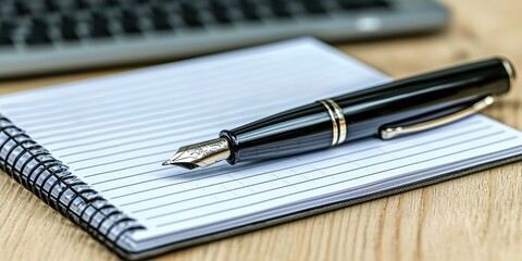 Fototapeta premium Black Fountain Pen Resting on Lined Notepad on Wooden Desk