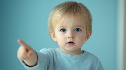 Naklejka premium Curious young boy exploring the world by pointing with wonder and excitement young