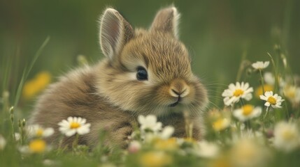 Obraz premium Adorable Baby Bunny in Spring Wildflower Meadow