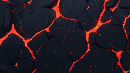 glowing orange lava flowing through cracked black rock texture with intricate volcanic patterns and intense heat in abstract fiery landscape