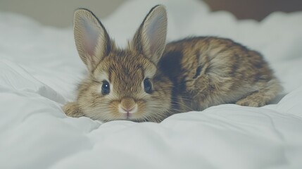 Adorable Baby Bunny Resting on Soft White Bedding