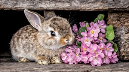 Adorable Baby Bunny Posing with Pink Blossoms