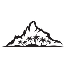 Silhouettes of tropical landscapes with palm trees and mountains. Mountain landscapes with palm trees silhouette on a white background.