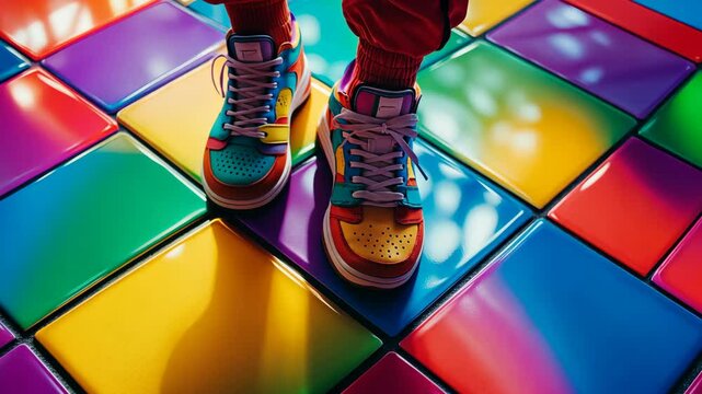 Colorful sneakers shine brightly on a vibrant dance floor filled with geometric patterns in an urban setting