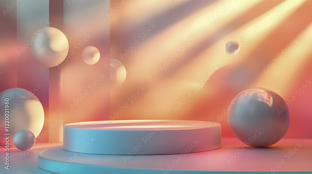 Poster abstract composition with spheres and round platform in soft pastel colors illuminated by gentle ray