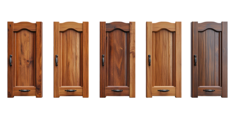 A creative display of wooden kitchen cabinets with sleek metal handles, isolated on a light grey backdrop, isolated on a transparent background. Cutout.