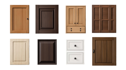 A creative flat lay of cabinet doors and drawer fronts in different finishes and textures, isolated on a neutral background, isolated on a transparent background. Cutout.