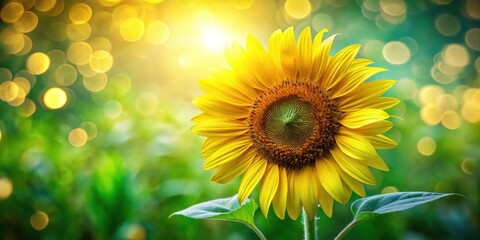 Obraz premium Vibrant Sunflower with Bokeh Effect, Green Leaves, Beauty of Nature, Bright Floral Photography, Nature's Splendor, Summer Blooms, Botanical Art, Sunshine Vibes, Joyful Flowers, Outdoor Serenity