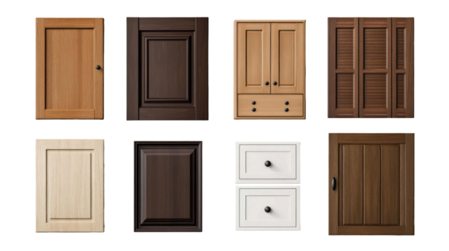 A creative flat lay of cabinet doors and drawer fronts in different finishes and textures, isolated on a neutral background, isolated on a transparent background. Cutout.