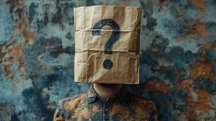 Businessman wearing paper bag with question mark concept of confusion and anonymity