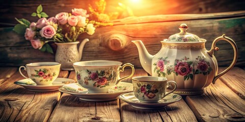 Fototapeta premium Vintage Tea Set on a Rustic Wooden Table, Classic Porcelain Teapot with Cups, Delicate Floral Patterns, Warm Lighting, Cozy Afternoon Tea Setting, Nostalgic Charm, Timeless Elegance