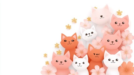 Naklejka premium Adorable Cats Amidst Spring Blossoms Illustration