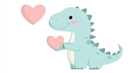 Naklejka premium Adorable Dinosaur Holding Heart, Valentine's Day Illustration