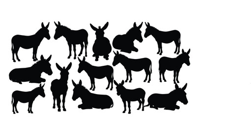 Set of  donkey silhouettes  vector collection with white background