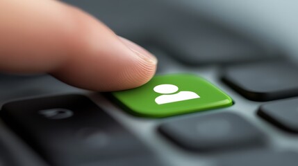 Finger initiates command, pressing the bright green enter key on a sleek, modern keyboard.