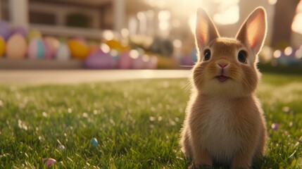 Adorable Easter Bunny in Sunny Garden with Eggs