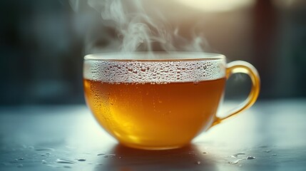 Steaming teacup, outdoor morning, sunlit, relaxation