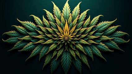 Fractal pattern of marijuana leaves in green, gold, and teal. Symmetrical, intricate, and vibrant design on a gradient midnight blue background. Elegant and visually striking.