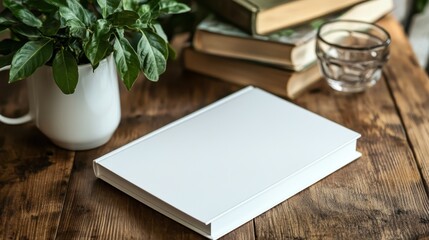 Blank white book on wooden table, near plant and books. Perfect for showcasing book designs, mockups, or promoting reading.