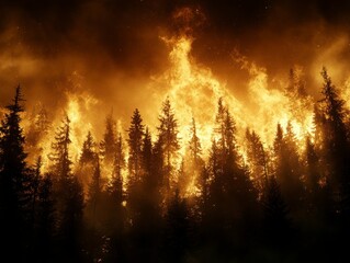 Fototapeta premium Intense Forest Fire with Animals Running Away Amidst Dramatic Flames and Smoke in Nature's Disarray