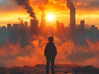 Fototapeta premium Child Gazing at Sunset Over Cityscape with Smog and Blue Skies, Capturing a Moment of Innocence and Awareness
