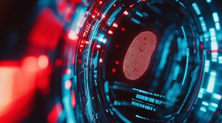 Biometric Scan: Close-up of a futuristic biometric scanner displaying a fingerprint in vibrant red and blue hues. The circular design and glowing interface create a high-tech, digital aesthetic.