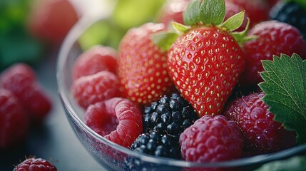 Summer berry bowl closeup, kitchen, sunlight