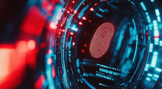 Biometric Scan:  Close-up of a futuristic biometric scanner displaying a fingerprint in vibrant red and blue hues. The circular design and glowing interface create a high-tech, digital aesthetic. 