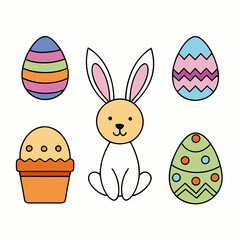  Easter themed (egg, flower, cat, basket, bag)  vector icon illustration on white background.