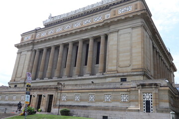 Building façades, historical architecture, and city streets in downtown Pittsburgh, Pennsylvania. 