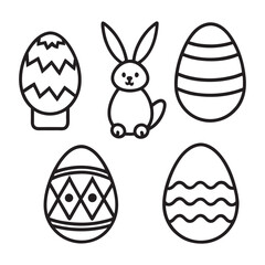 Easter themed (egg, flower, cat, basket, bag) line art vector icon illustration on white background.