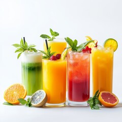 Fototapeta premium Vibrant Tropical Fruit Juices in Tall Glasses for Refreshing Drinks