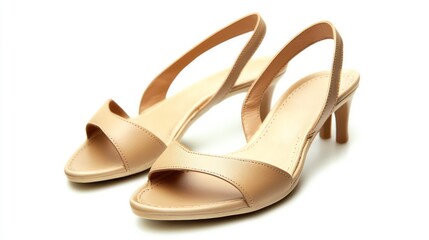 Pair of beige women's slingback heels isolated on white background.