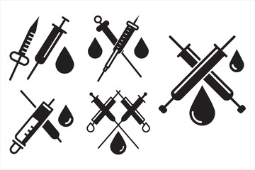 Obraz premium Set of Bloodletting tools silhouette vector icon illustration, blood, injection on white background.
